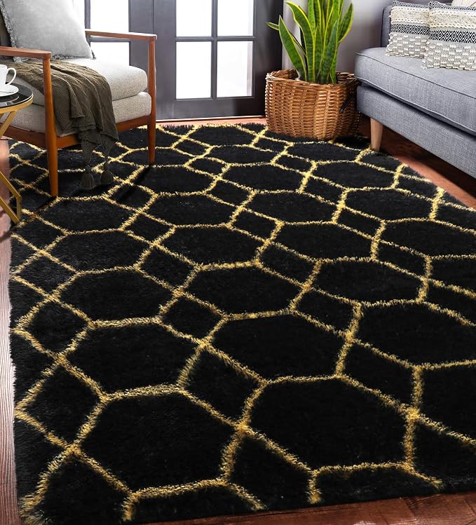 ONASAR Area Rugs for Bedroom Living Room, 4x6 Fluffy Black and Gold Throw Rug - Image 2