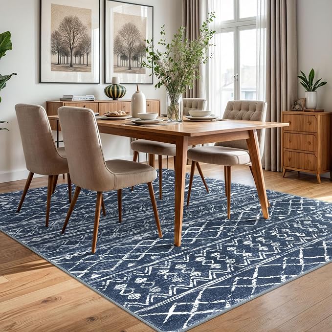 KUTA Area Rug 5x7 Navy Blue, Washable Boho Large Living Room Moroccan Rugs - Image 3