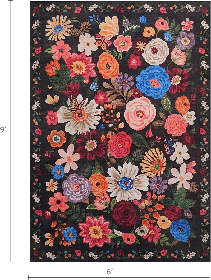 Floral Washable 6x9 Area Rugs Espresso, Soft Bedroom Rug - Image 2