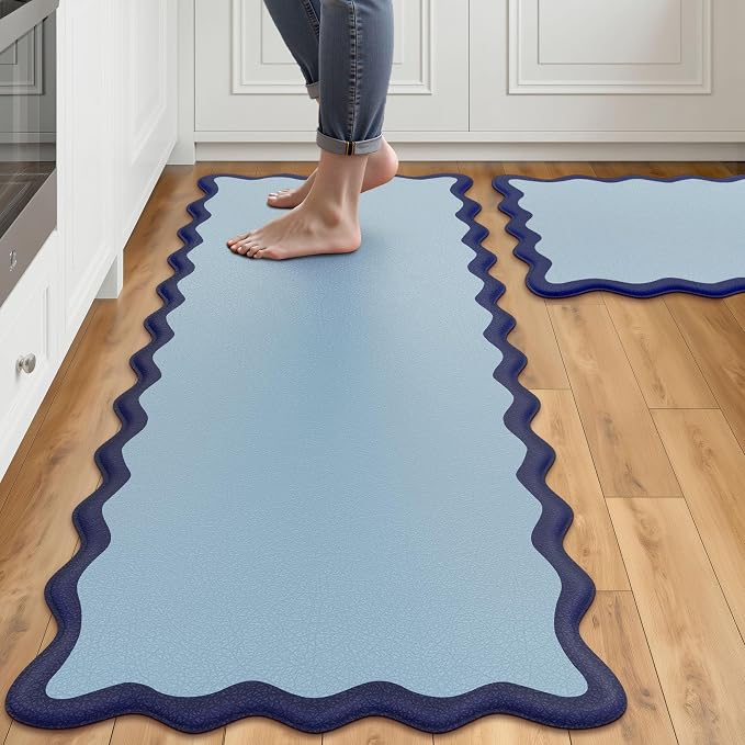 Arenarug Scalloped Navy Blue Kitchen Mats Rugs Sets of 2 Cushioned Anti Fatigue by ArenaRug