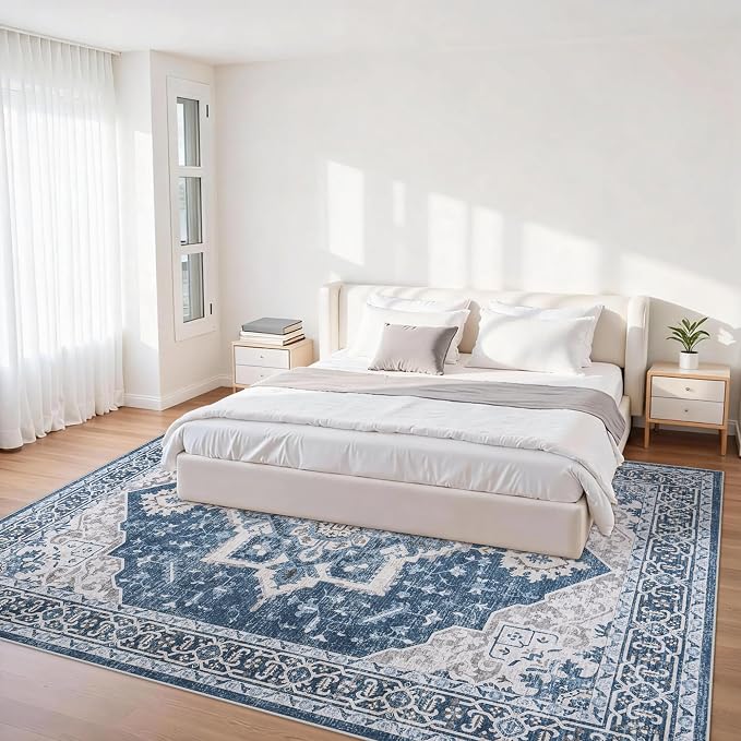 6x9 Area Rugs for Living Room:Blue Washable Vintage Medallion Boho Rug Non-Slip - Image 2