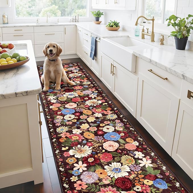 Floral Hallway Runner Rug Espresso Non-Slip, 2x10 Washable Ultra-Thin Soft - Image 3