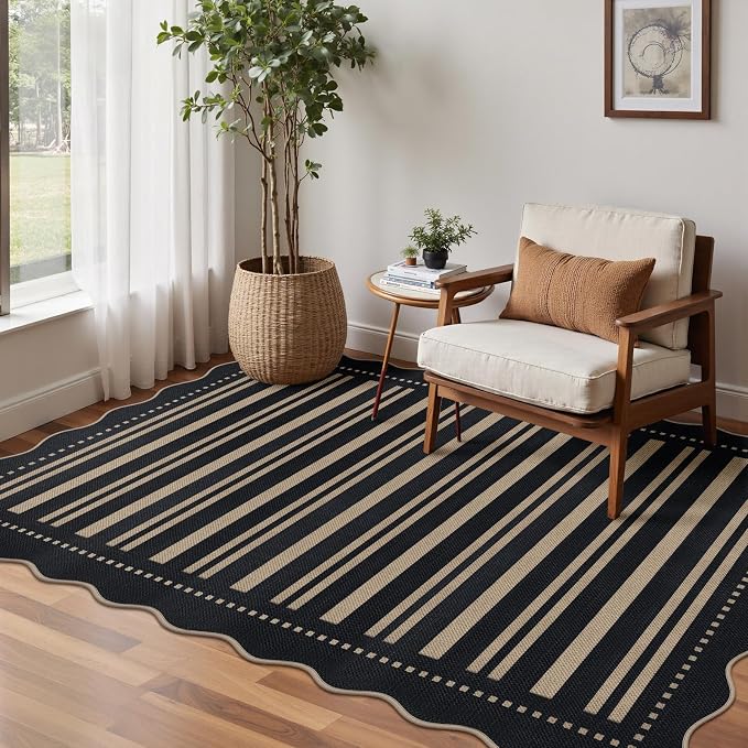 Striped Easy Jute 4x6 Outdoor Patio Rug, Washable Indoor Outdoor Black Kitchen - Image 7