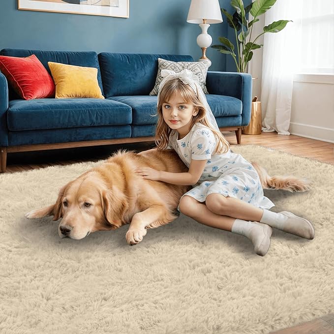 2x6 Bedside Area Rugs for Bedroom: Soft Fluffy Shag Beige Rug for Hallway - Image 3