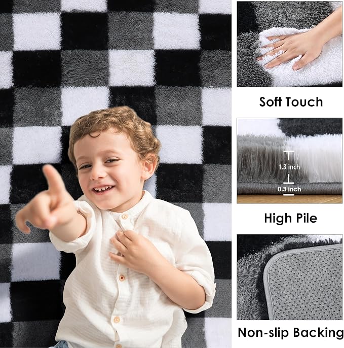 KICMOR Living Room Rugs 5x8, Fluffy Shag Fuzzy Plush Black White Grey Checkered - Image 2