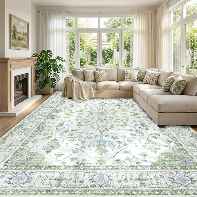 RELEANY Area Rugs Large 9'x12' Washable Non-Slip, Floral Vintage Distress by RELEANY