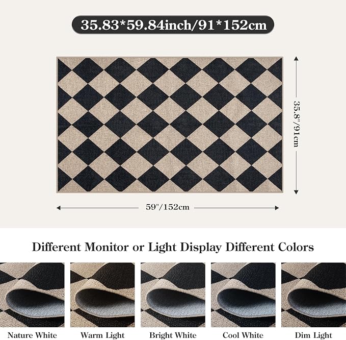 Lahome Checkered Easy Jute 3x5 Entryway Front Porch Rug, Washable Farmhouse - Image 2