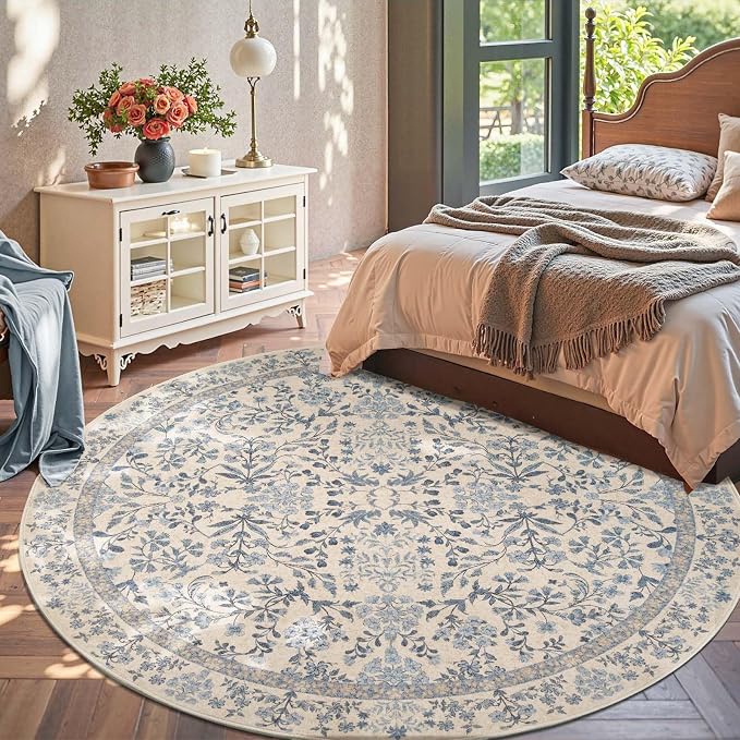 jinchan Zenith Round Rug 8ft Area Rug Soft 8'Round Vintage Floral Rug Non-Slip - Image 3