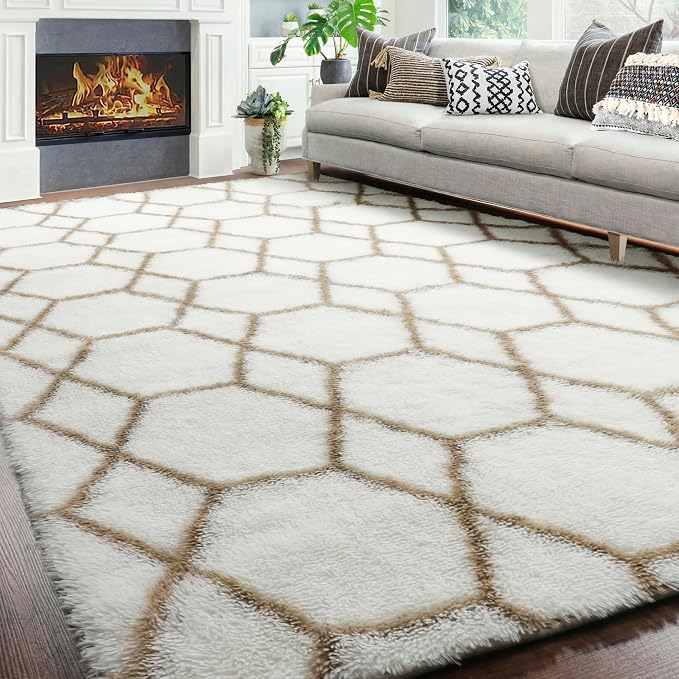 ONASAR Rugs for Living Room Bedroom, 5x8 Fluffy White and Beige Area Rug - Image 7