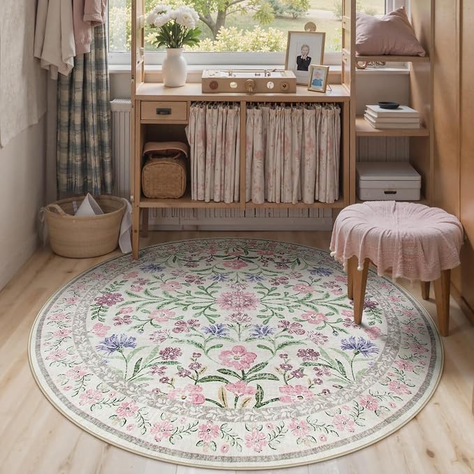 Wonnitar Floral Washable Round Rugs 6ft, Ultra-Thin Non Slip Boho Carpet - Image 6