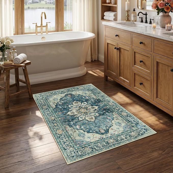 RELEANY Area Rugs Small 2'6"x4' Washable Non-Slip, Floral Vintage Distress by RELEANY