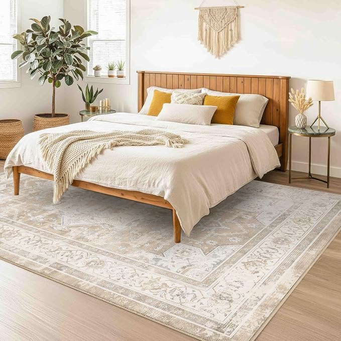 10x14 Area Rug for Living Room-Vintage Farmhouse Boho Floral Neutral Washable - Image 4