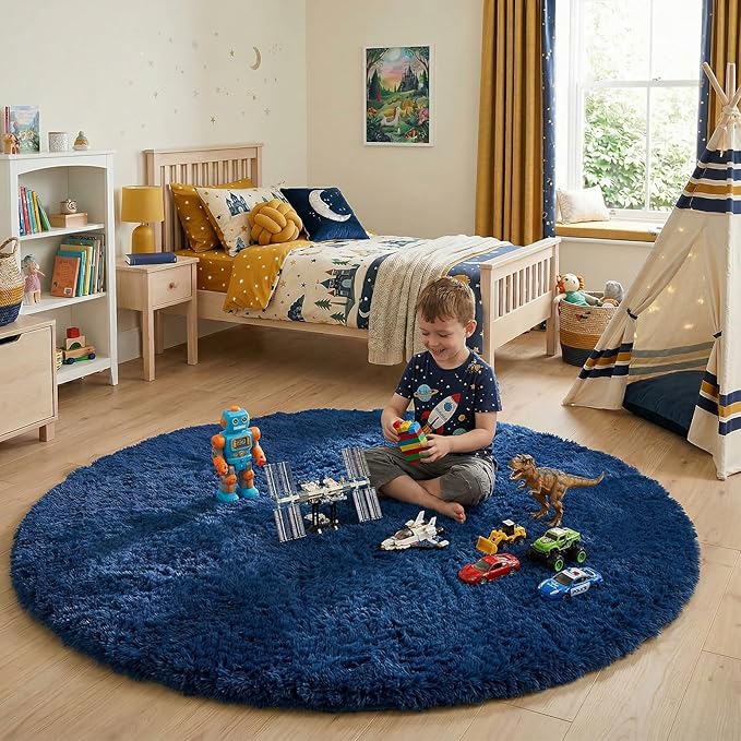 Navy Blue Round Rugs 5Ft for Boys Bedroom, Fluffy Circle Area Rug for Kids - Image 7
