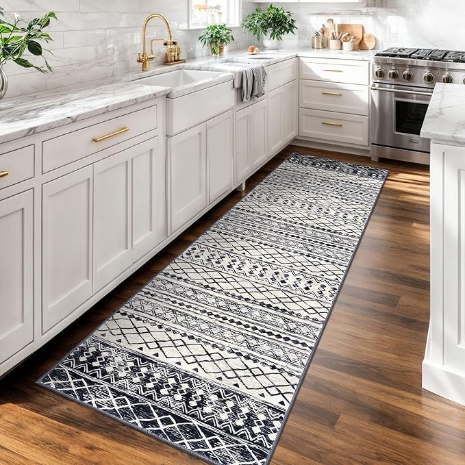 KUTA Moroccan Washable Kitchen Rug, 2x7 Non-Slip Vintage Black Navy Blue Boho - Image 2