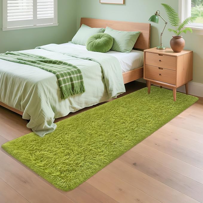 Soft Grass Green Fluffy Rug for Bedroom Living Room, 2x8 ft Fuzzy Green Shag - Image 2