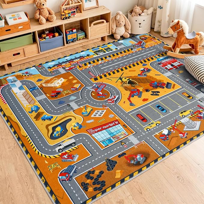 Kids Car Rug Play Mat 6x9 Ft, Non-Slip Washable Construction Site Playroom Rug - Image 2