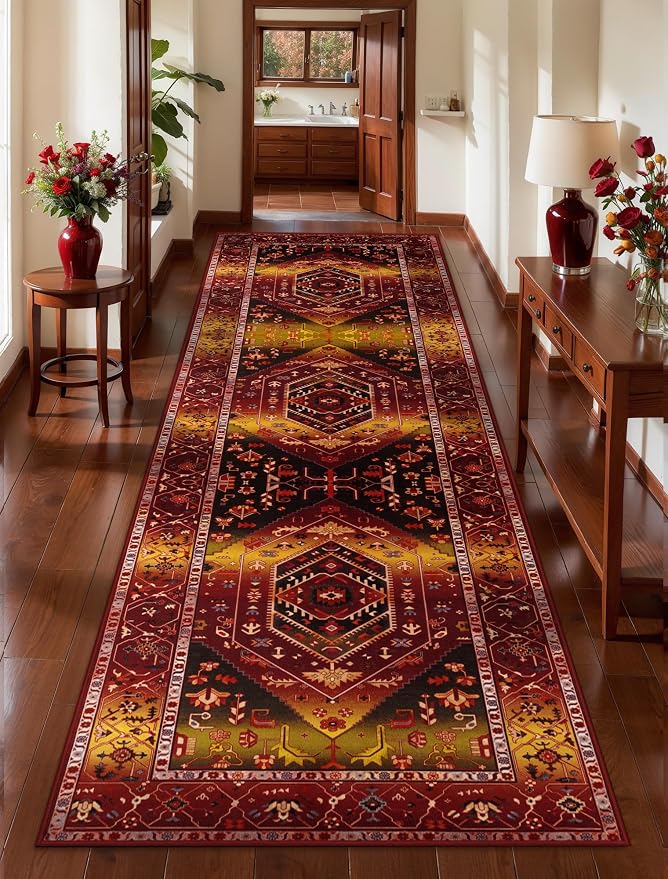 SERISSA Runner Rug for Hallways, Long Boho Rug Vintage Rustic Red Gold Hallway by SERISSAHomeDecorCollection
