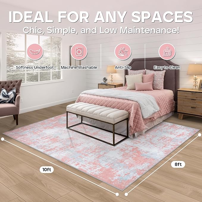 Pink Rug Carpet 8x10 Area Rugs for Bedroom Girls: Washable Modern Rug for - Image 2
