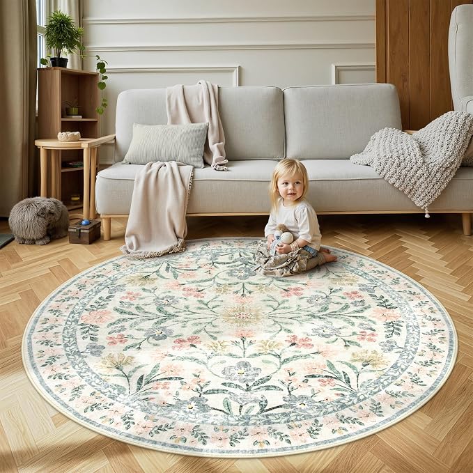 Wonnitar Floral Round Rugs 6ft, Boho Large Machine Washable Circle Rug - Image 8