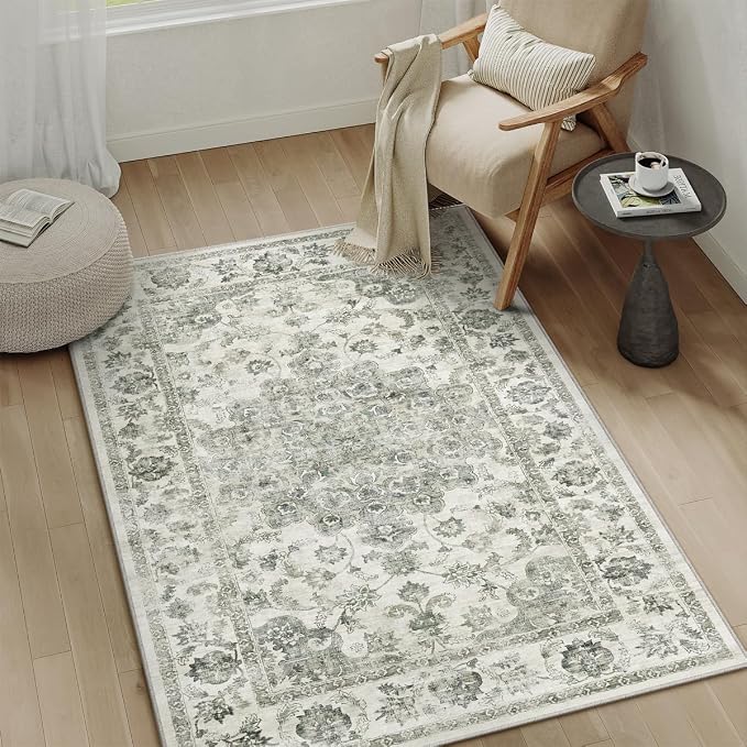 3x5 Washable Neutral Area Rug Green Vintage Entryway Office Carpet Non-Slip by WondRg
