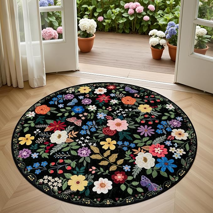 Round Area Rug for Living Room: 4 ft Floral Washable Circle Rug Soft Boho - Image 2