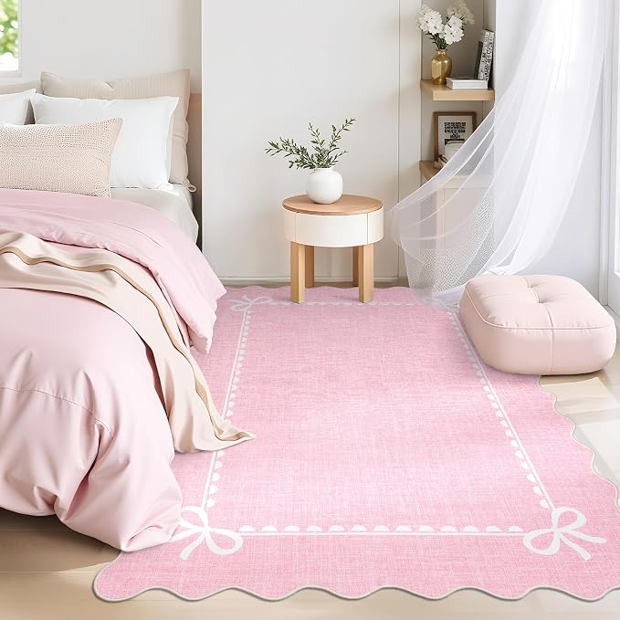 GarveeHome Scalloped Bow Rug for Living Room, Solid Pink Rug for Dorm, Washable - Image 2