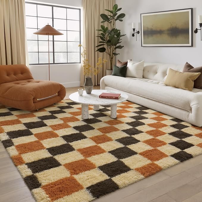 PureCozy Checkered Rug 8x10 for Living Room, Colorful Modern Shag Rug Washable - Image 4