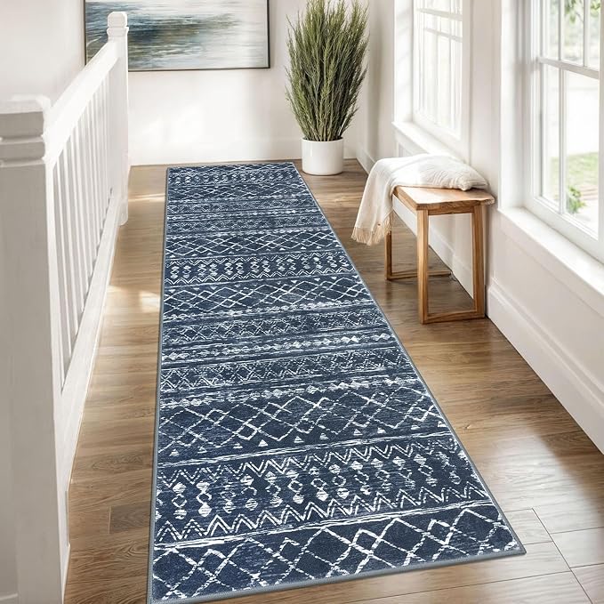 KUTA Moroccan Washable Runner Rug 2.6x8, Non-Slip Vintage Navy Blue Boho - Image 3