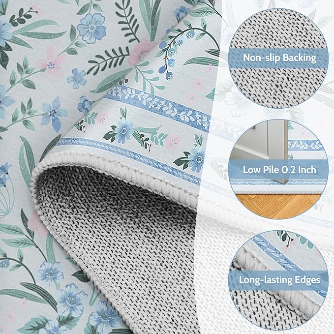 Blue and Green Rug Floral 4x6 for Girls Bedroom, Washable Non-Slip Boho Area Rug - Image 4