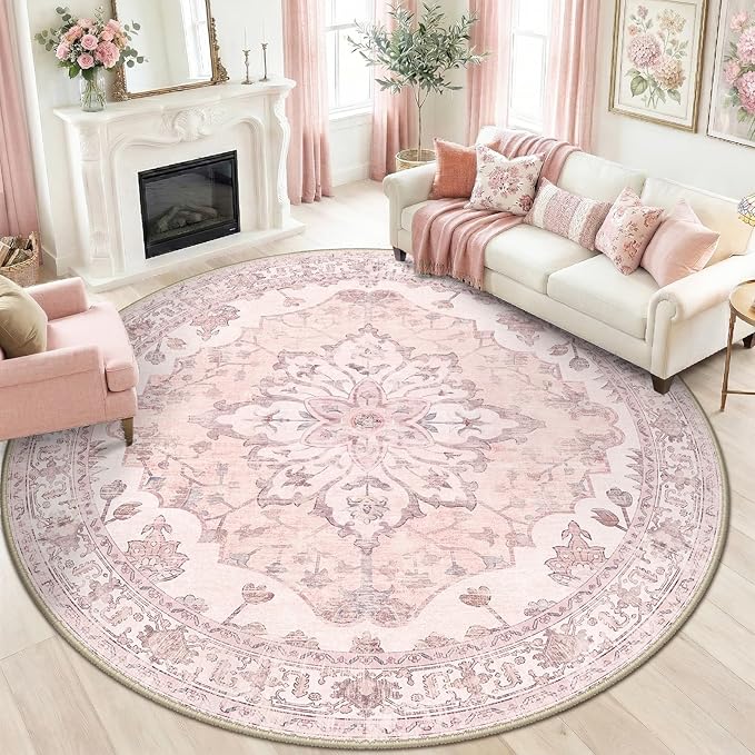 RELEANY Area Rugs Round 8ft Washable Non-Slip, Floral Vintage Distress by RELEANY