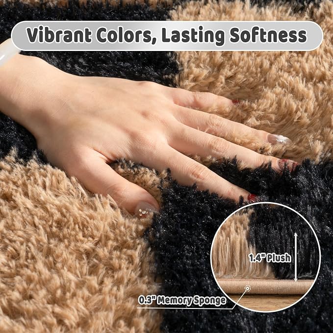 Shag Rugs for Bedroom, 4x6 Checkered Black Beige Soft Fuzzy Rugs for Living Room - Image 5