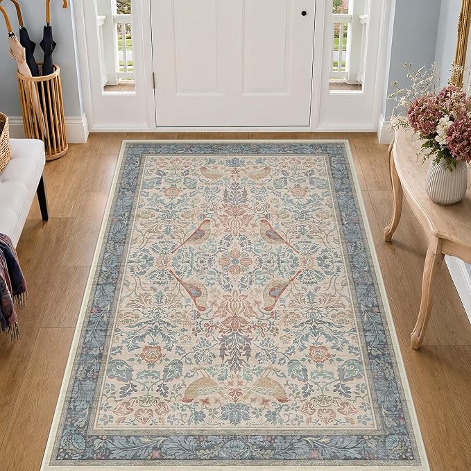 Boho Natural Red Blue 3x5 Entryway Rug, Washable Mudroom Area Rug, Modern by HazoHaus