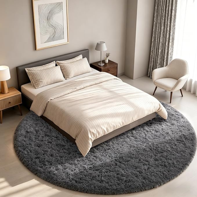 Ophanie Round Rug 8Ft Grey Circle Area Rugs, Large Fluffy Fuzzy Living Room - Image 2