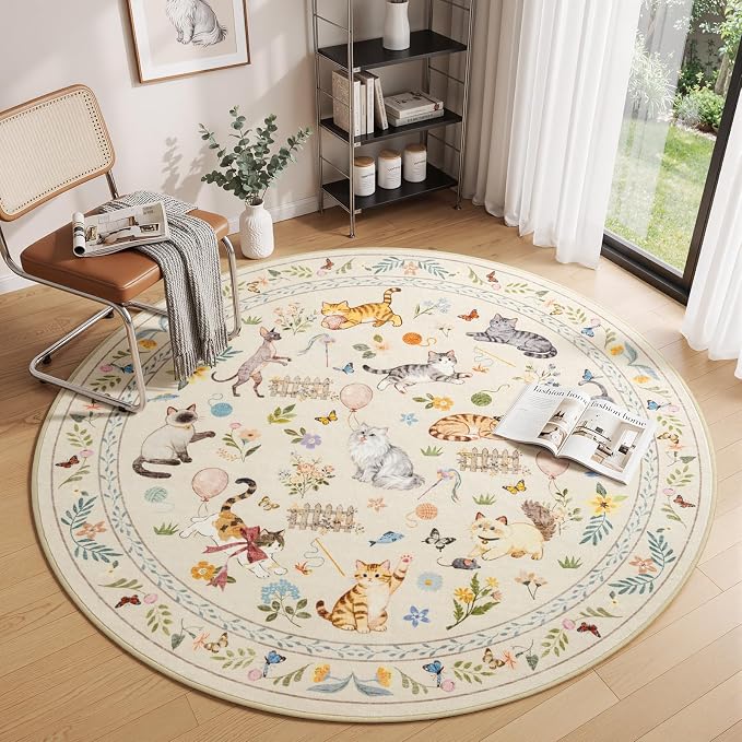 Unirea 4x4 Beige Cat Round Area Rugs, Washable Soft Non Slip Circle Rug - Image 9