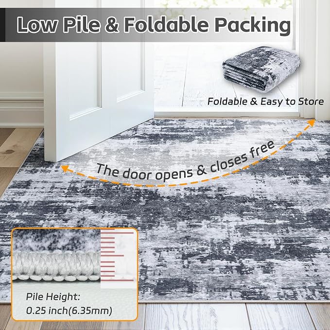 6x9 Area Rugs for Living Room Washable: Abstract Soft Thin Low Pile Black Rug - Image 7