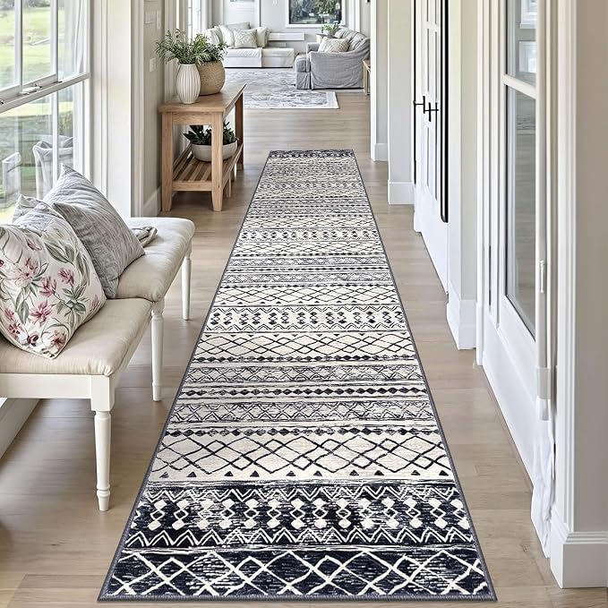 KUTA Moroccan Washable Runner Rug, 2x10 Non-Slip Vintage Black Navy Blue Boho - Image 3