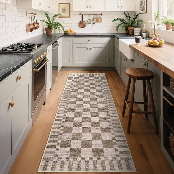 GarveeHome 2.5×8 Kitchen Runner Rug Non Slip Brown Checkered Rug, Washable by GarveeHome