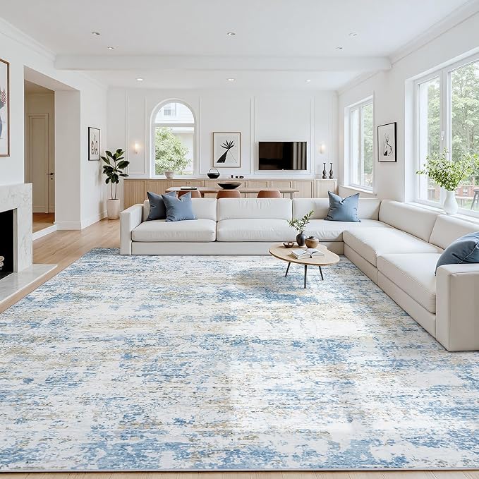 Area Rug 6x9 Living Room Rug Washable: No-Slip Abstract Soft Thin Large Blue by Oriannal