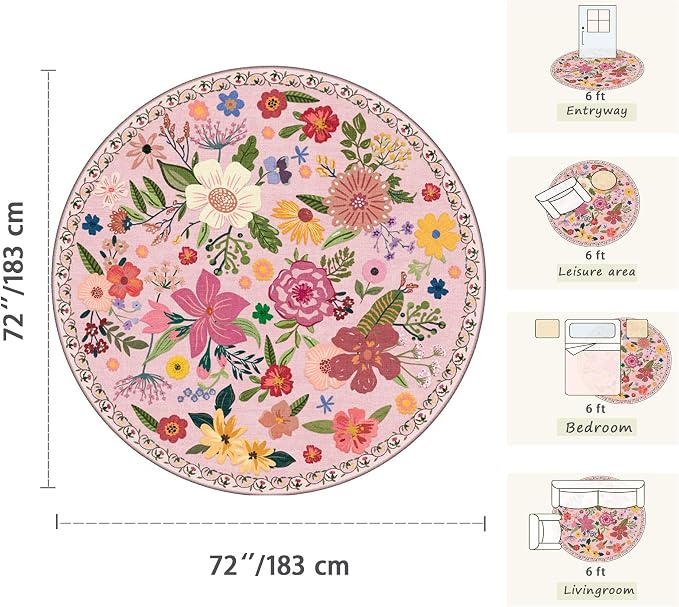 Latte&Fog Pink Floral Round Area Rug 6ft, Washable Vintage Circle Floral Rug - Image 2