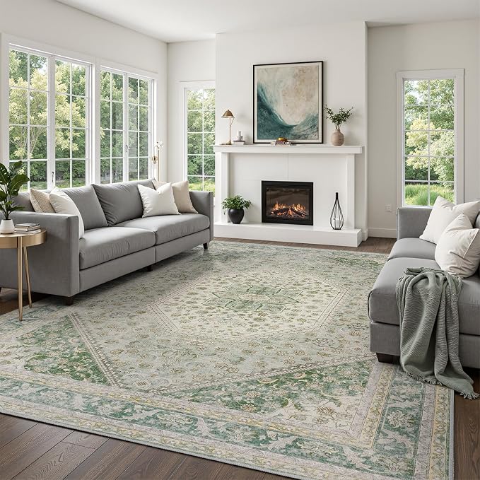 DCX Green 8x10 Area Rug, Machine Washable Non Slip Stain Resistant Vintage Rug - Image 2