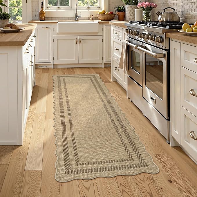LIVEBOX Scalloped Washable 2x6 Kitchen Runner Rug, Easy Jute Geometric Tan Rugs - Image 2