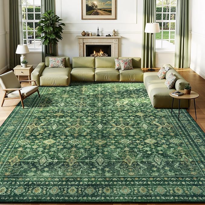 Lessymo Washable Area Rug for Living Room, 9x12 Green Large Rugs by Lessymo