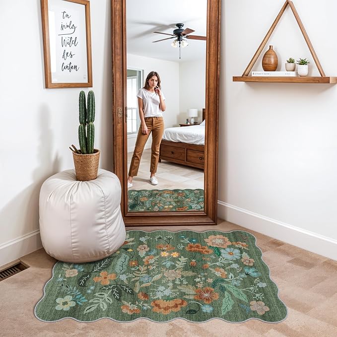 Washable Floral 2x3 Area Rug: Indoor Soft Scalloped Carpet - Image 6