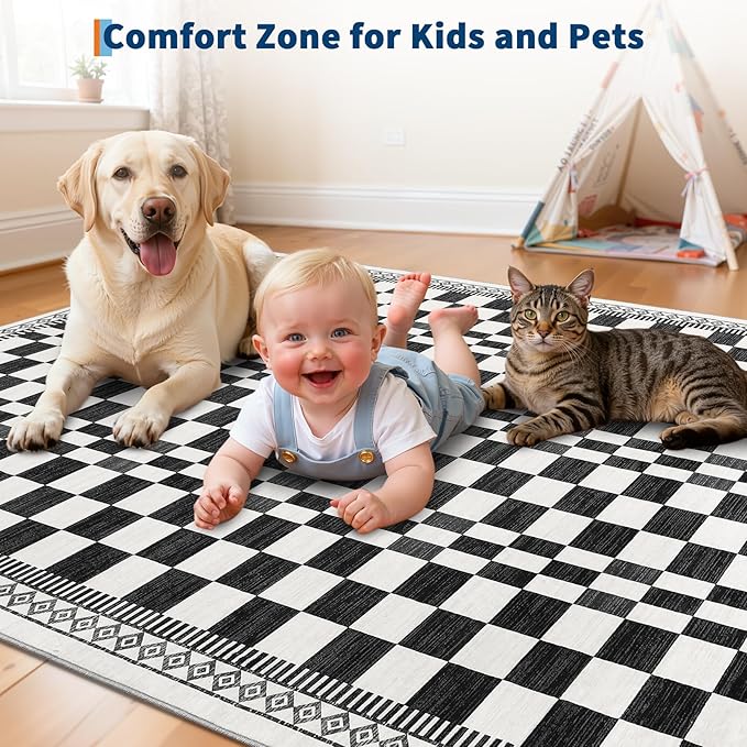 GarveeHome 8x10 Washable Rug Bedroom Rug Mdoern Checkered Non-Slip Throw - Image 6