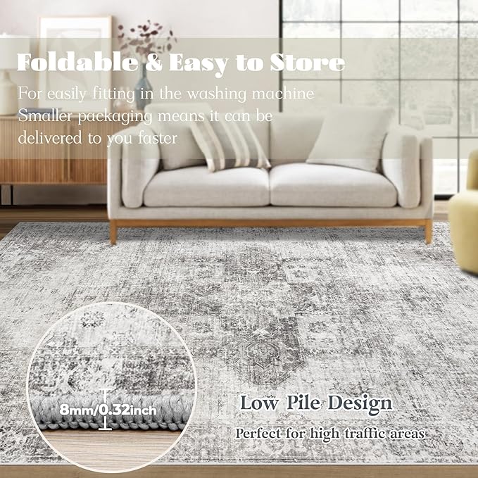 Area Rug 6x9 Washable Rug, Vintage Boho Medallion Rugs Non-Slip Soft Low Pile - Image 7