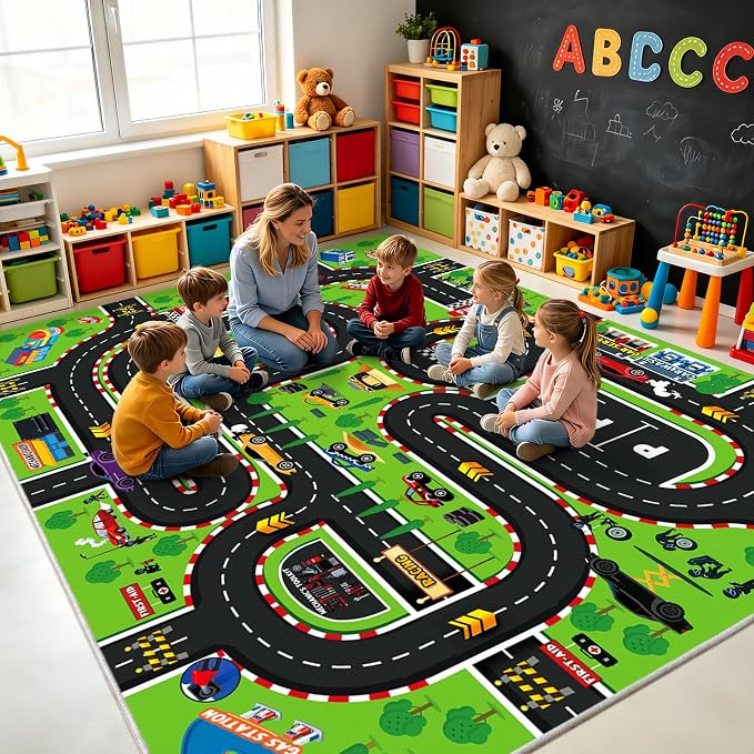 8x10 Ft Kids Race Track Car Rug Play Mat, Washable Non-Slip Large Playroom Rugs - Image 4