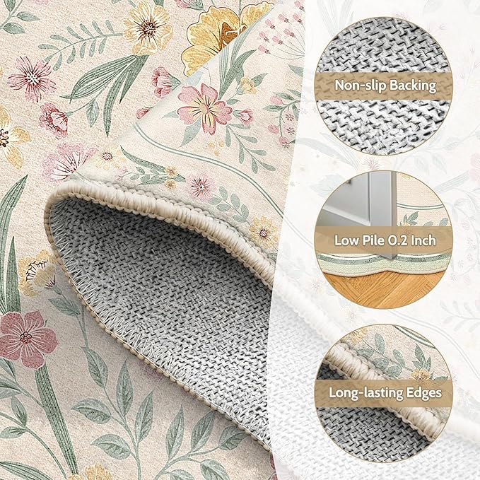 Scalloped Floral Rug 5x7, Sage Green Washable Non Slip Area Rug - Image 5