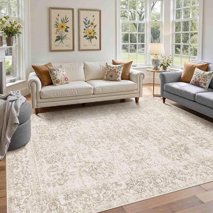 Rugxara 5X7 Washable Area Rug for Living Room, Vintage Neutral Large Boho Rugs by Rugxara