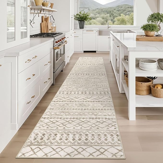 KUTA Moroccan Washable Hallway Runner Rug, 2.6x12 Non-Slip Vintage Beige Boho - Image 2