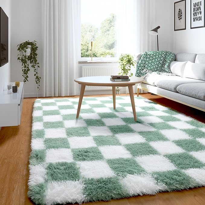 KICMOR Rugs for Bedroom Living Room, 3x5 Fluffy Soft Checkered Shag Area Rug - Image 3